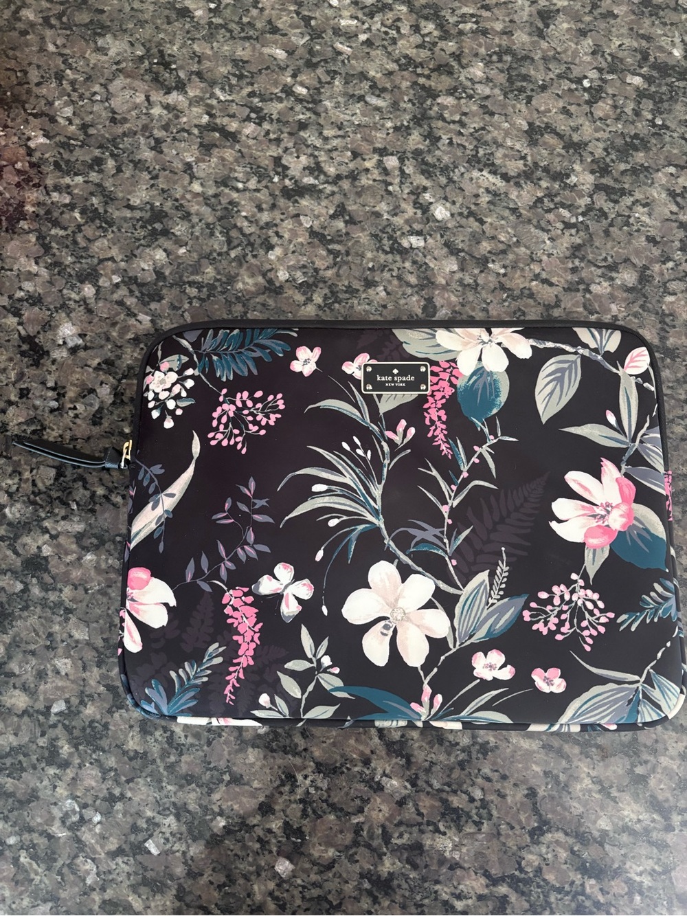 kate spade Black Floral Nylon Padded Laptop Sleeve with Pink & Cream Blooms